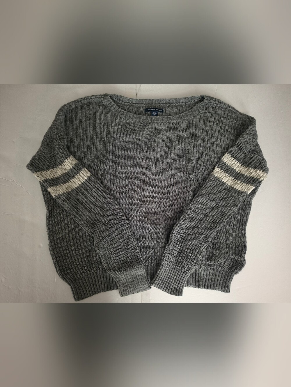 American Eagle Outfitters Grey Crewneck Sweater with Cream Sleeve Stripes